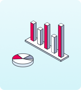 3D bar and pie charts representing data analysis and reporting metrics