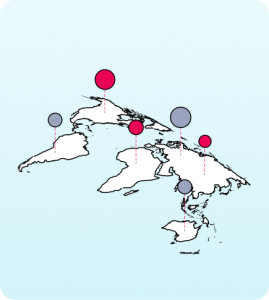 World map with location markers illustrating global expansion and scalability