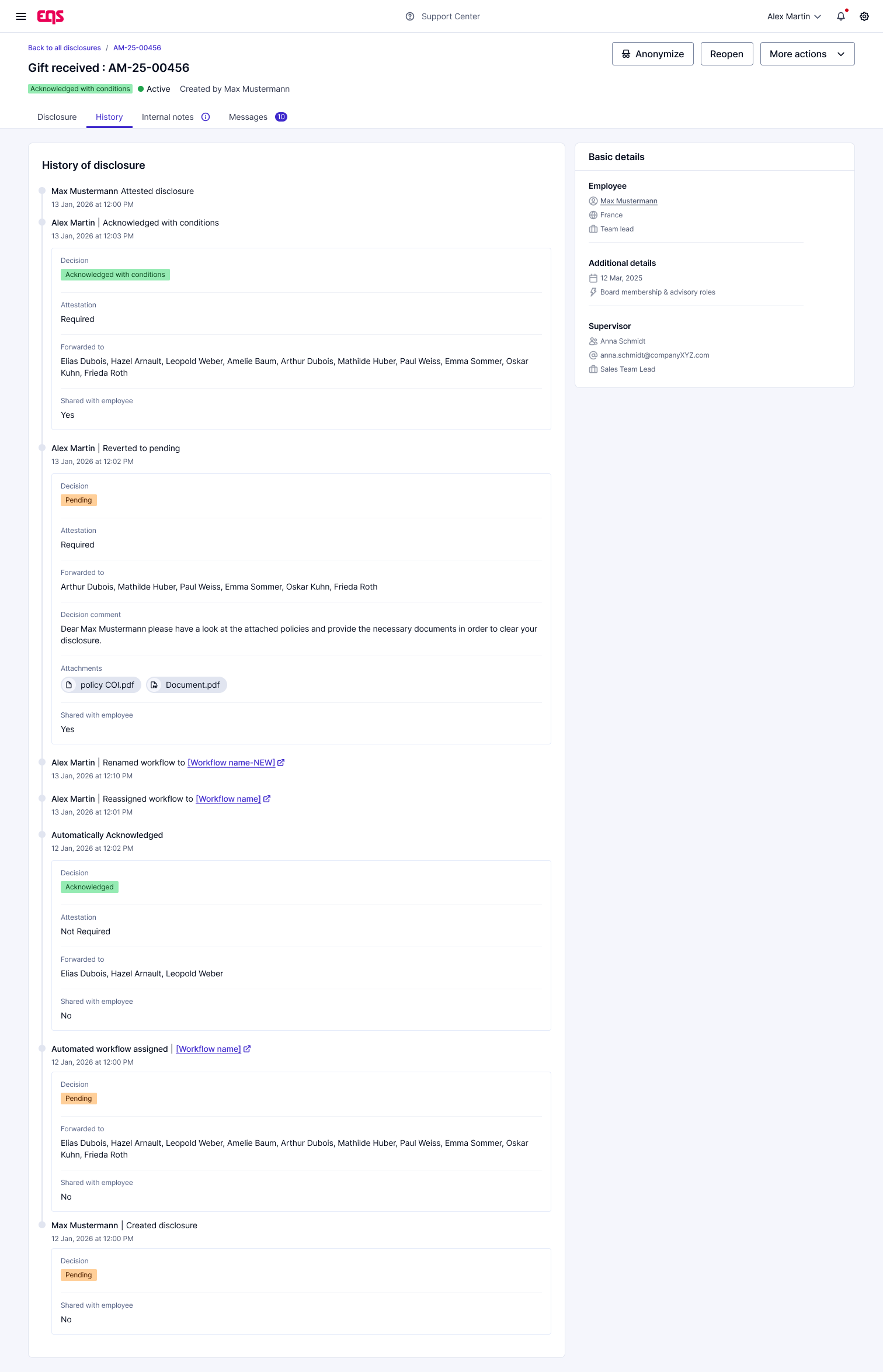 Decision record showing full approval history, timestamps and reviewer identity — EQS Approvals