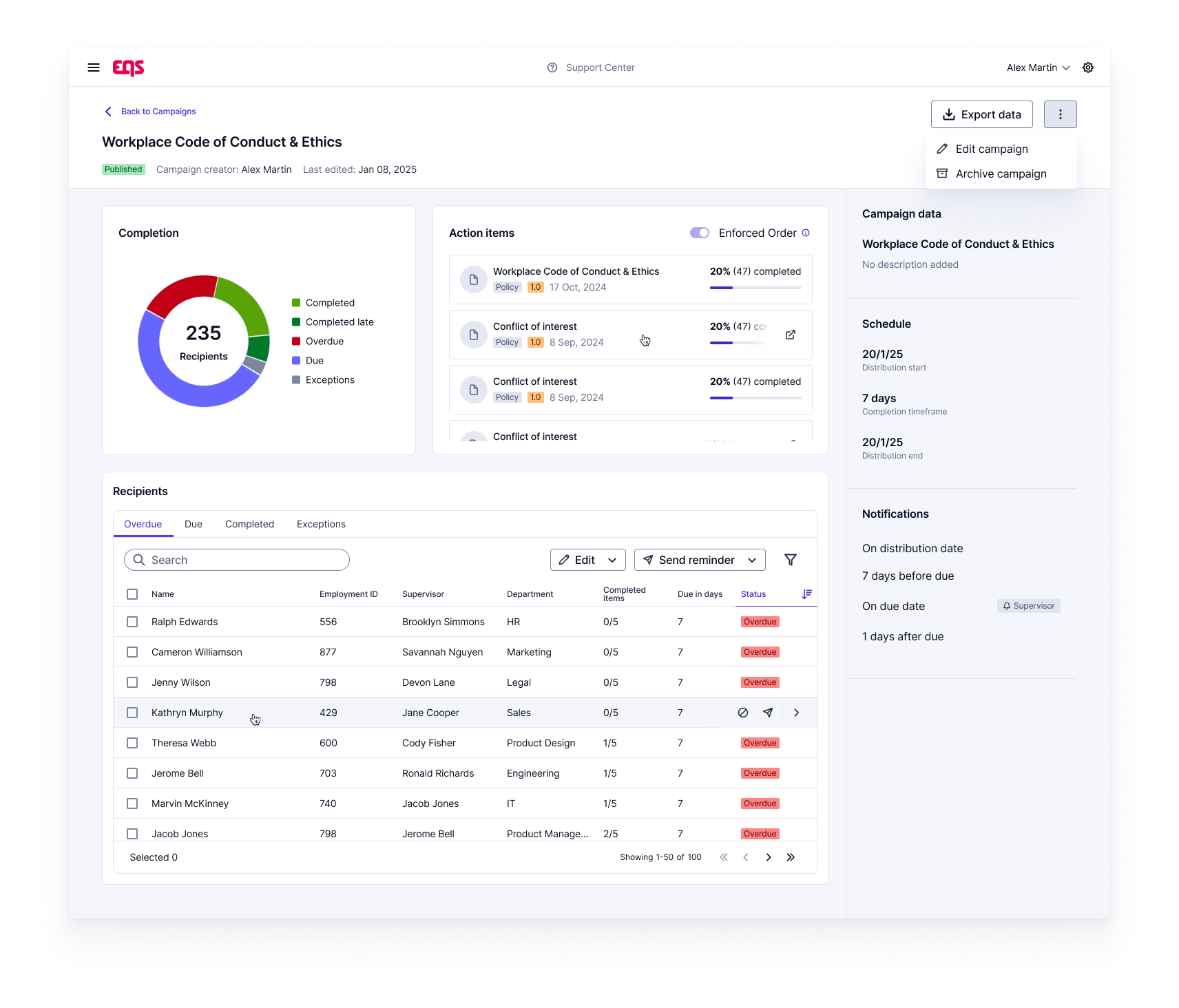 Audit export showing policy version, signature log and timestamp — EQS Compliance Cockpit