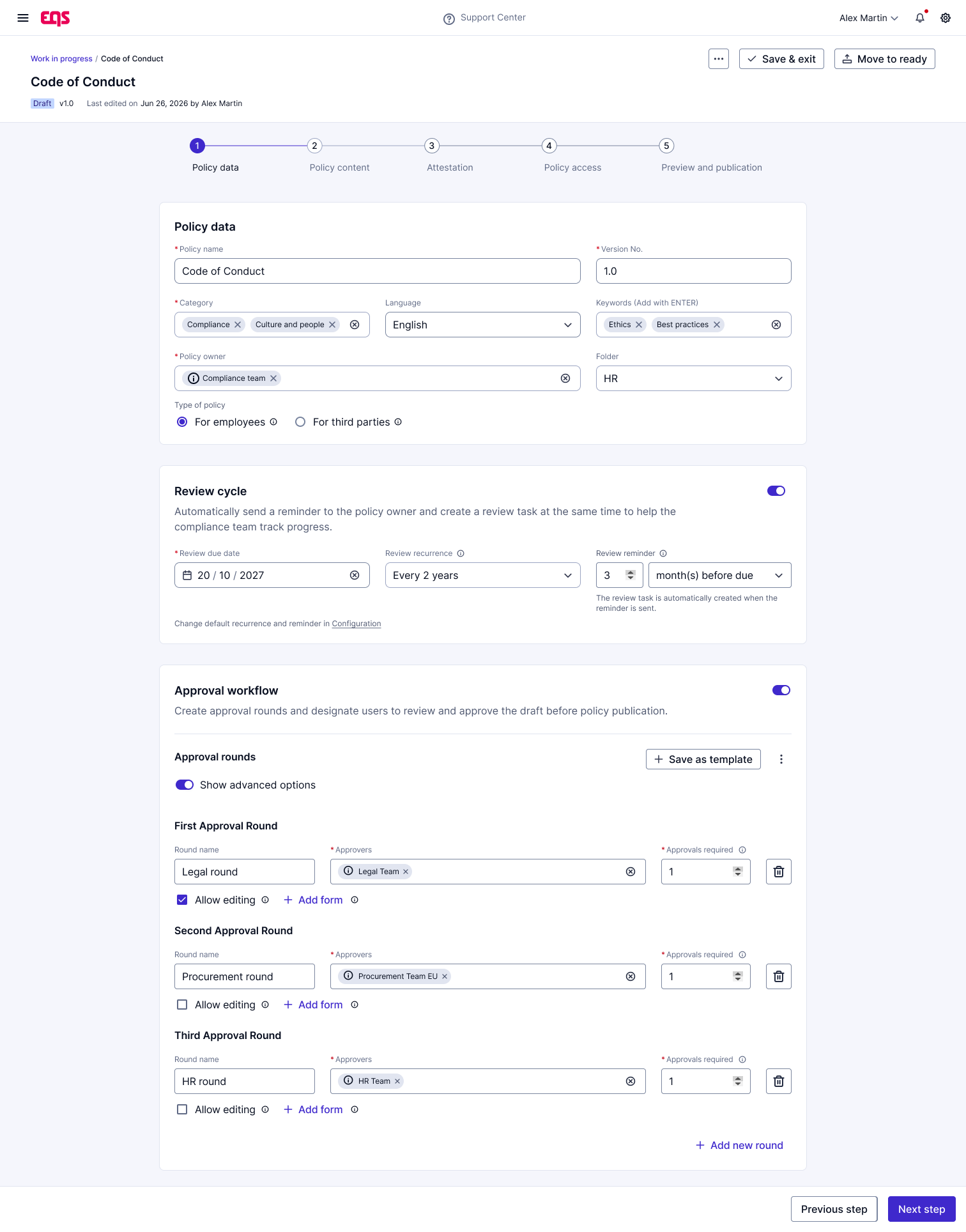 Multi-step approval workflow with reviewer history and next review date — EQS Policies