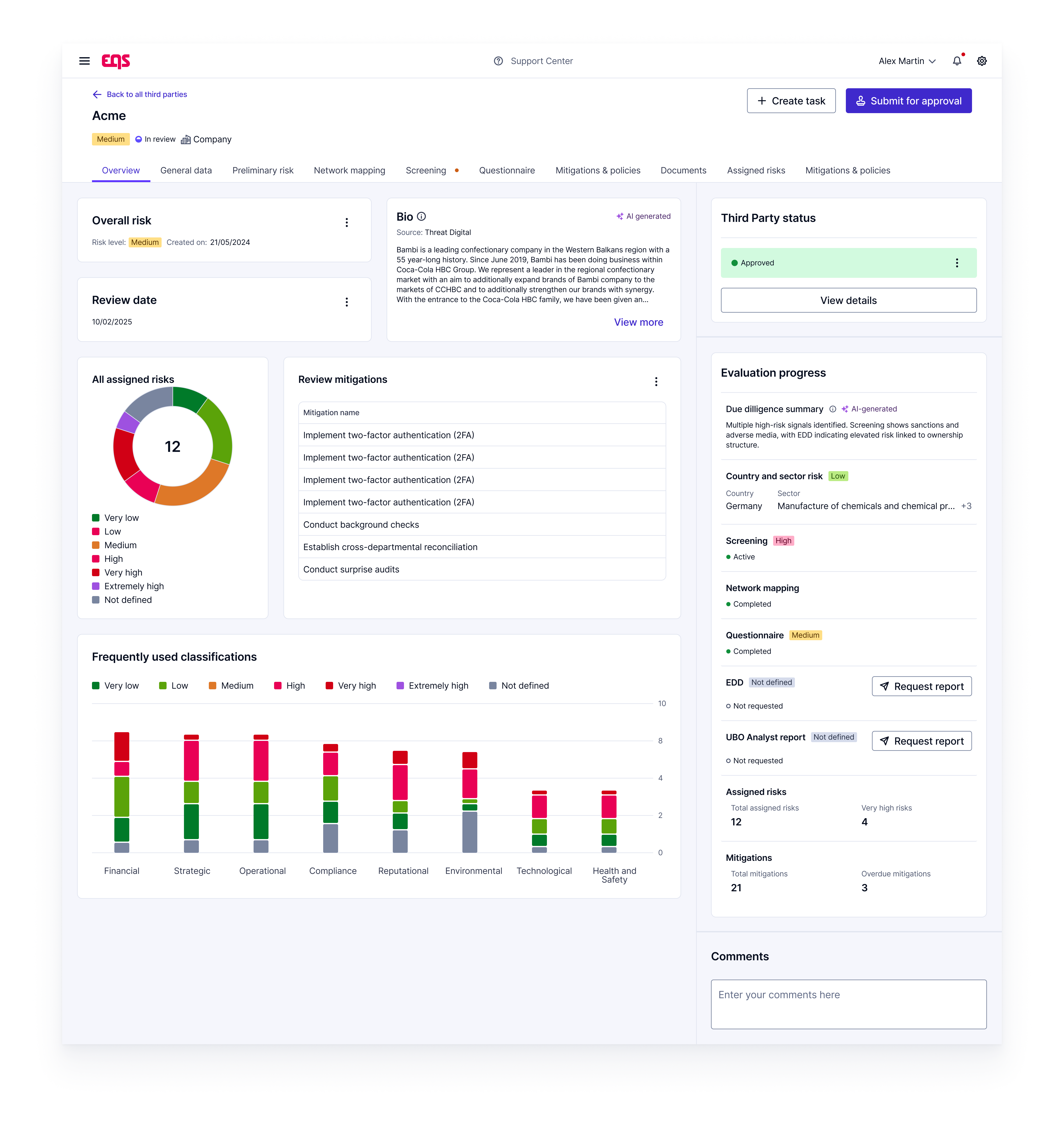 Third-party operations dashboard showing approval backlogs, bottlenecks, and cycle times — EQS Third Parties