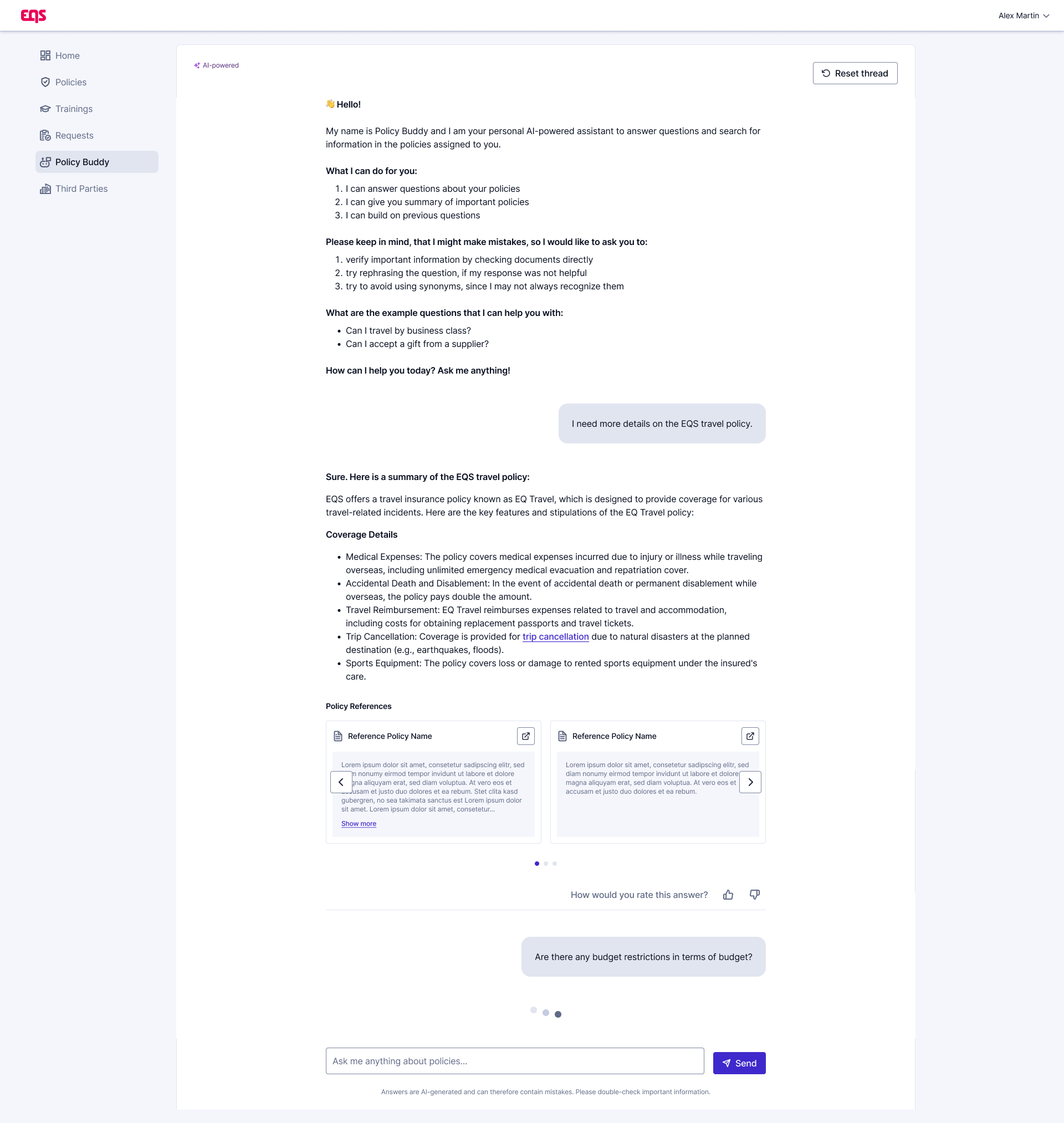 Employee asking Policy Buddy a question about policy content — EQS Policies
