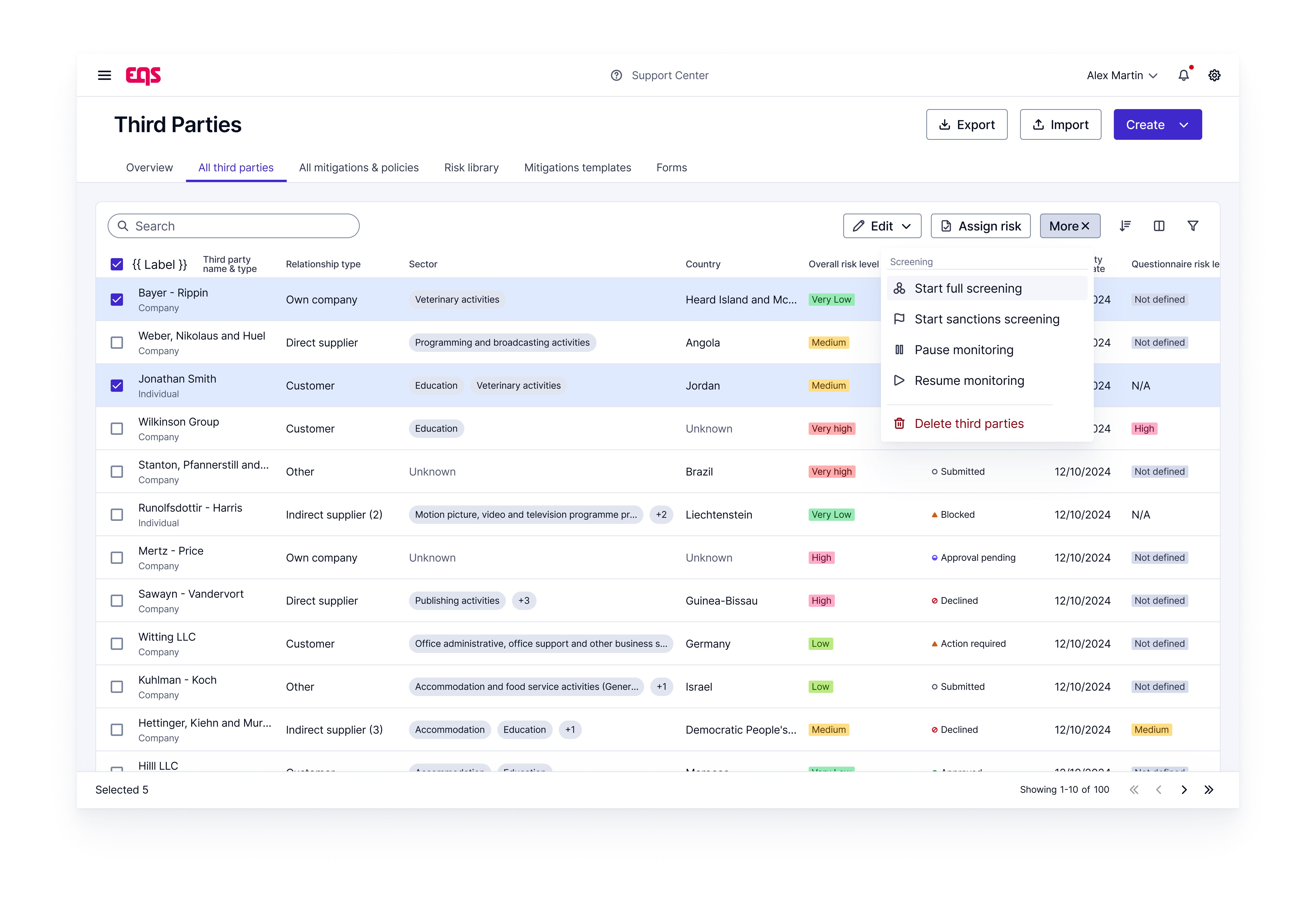 Sanctions and full screening results surfaced in the third-party profile — EQS Third Parties