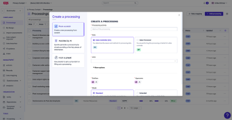 Creating a processing activity from scratch, with AI assistance or from a preset