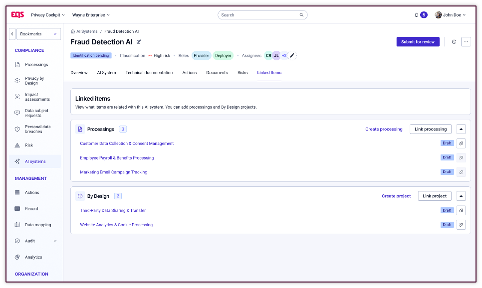 AI system record with its linked processing activities and Privacy by Design projects
